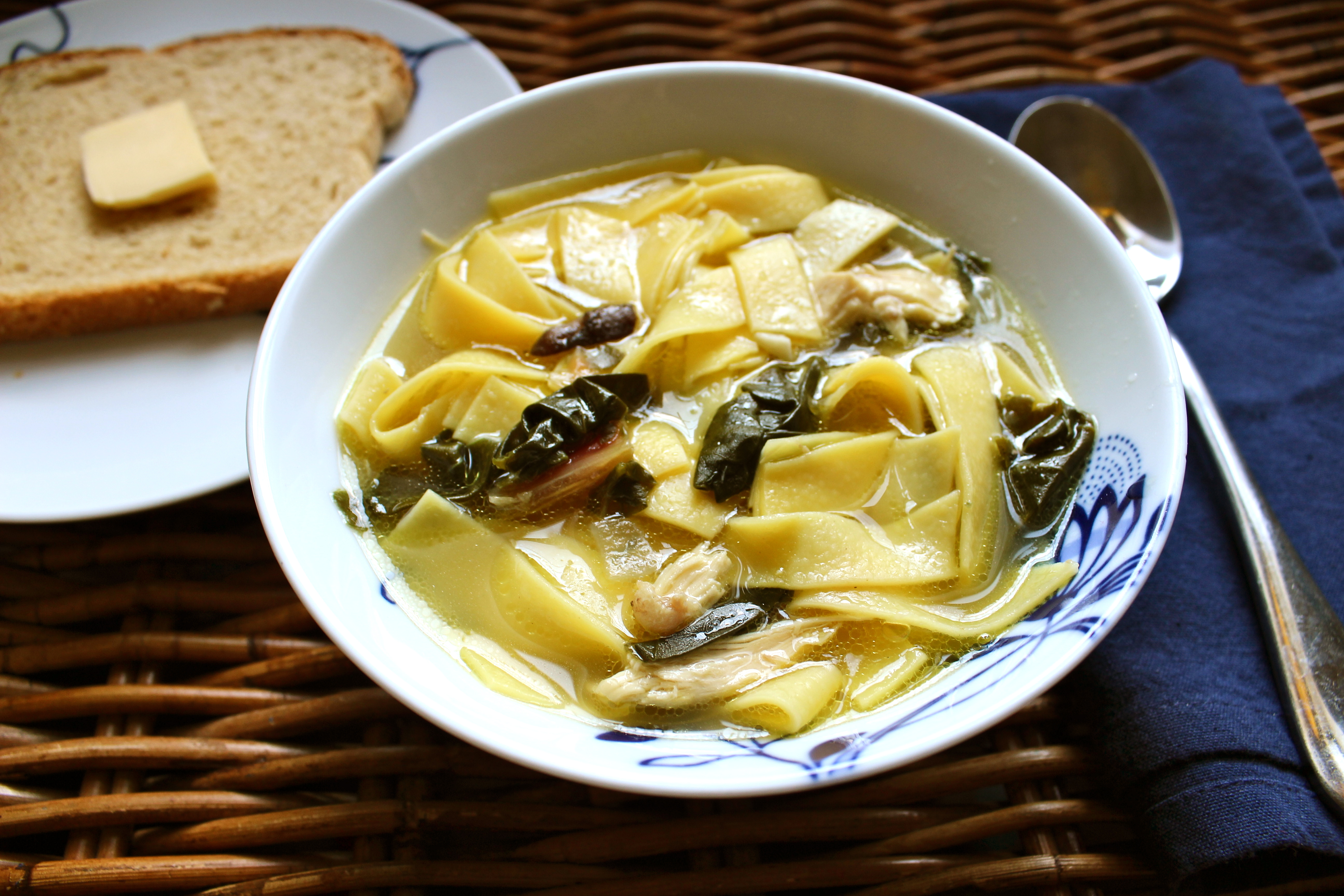 Chicken Noodle Soup with Mushrooms and Swiss Chard