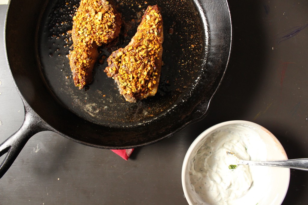 Lamb Chops with Spiced Pistachios and Yogurt Dipping Sauce