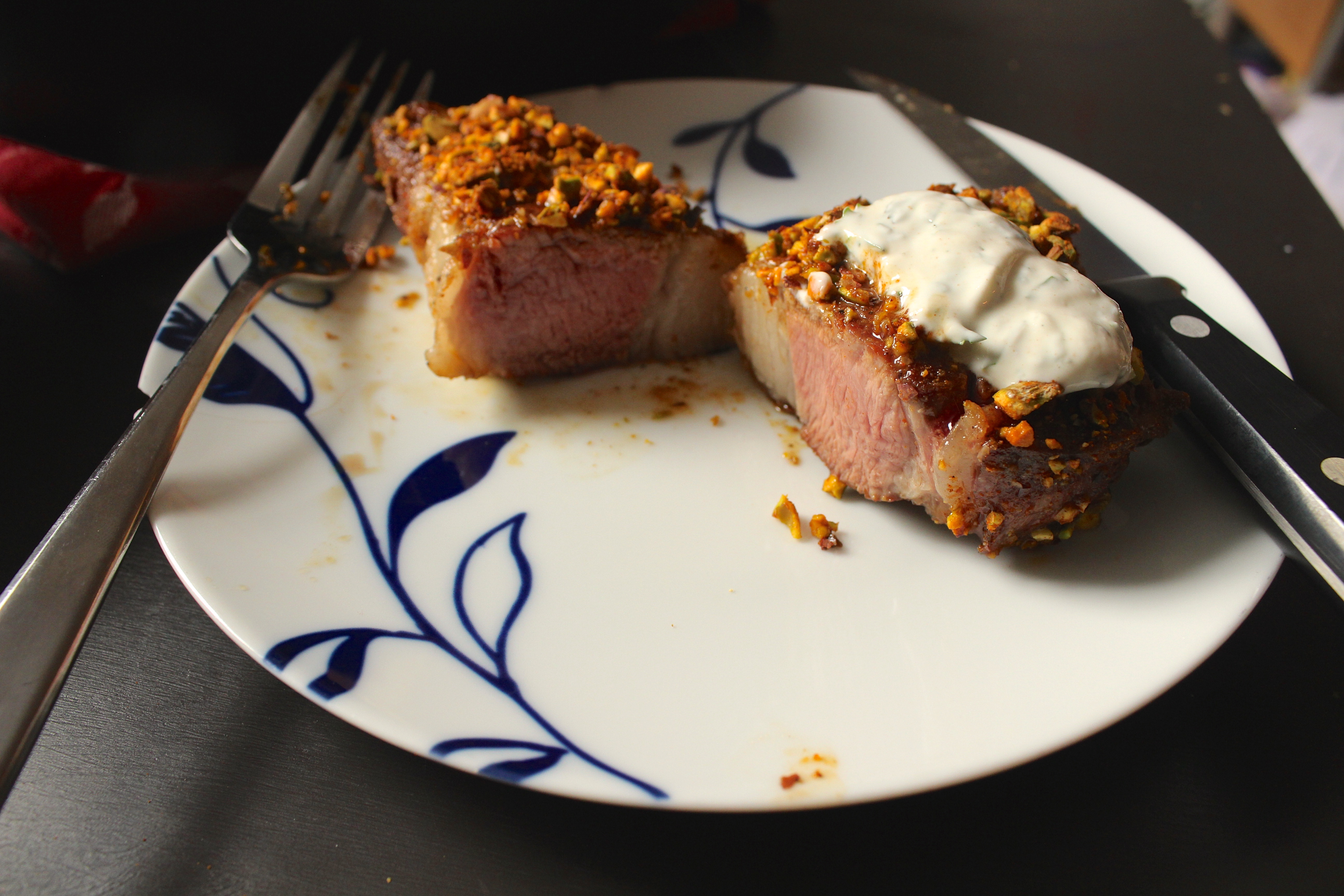 Lamb Chops with Spiced Pistachios and Yogurt Dipping Sauce